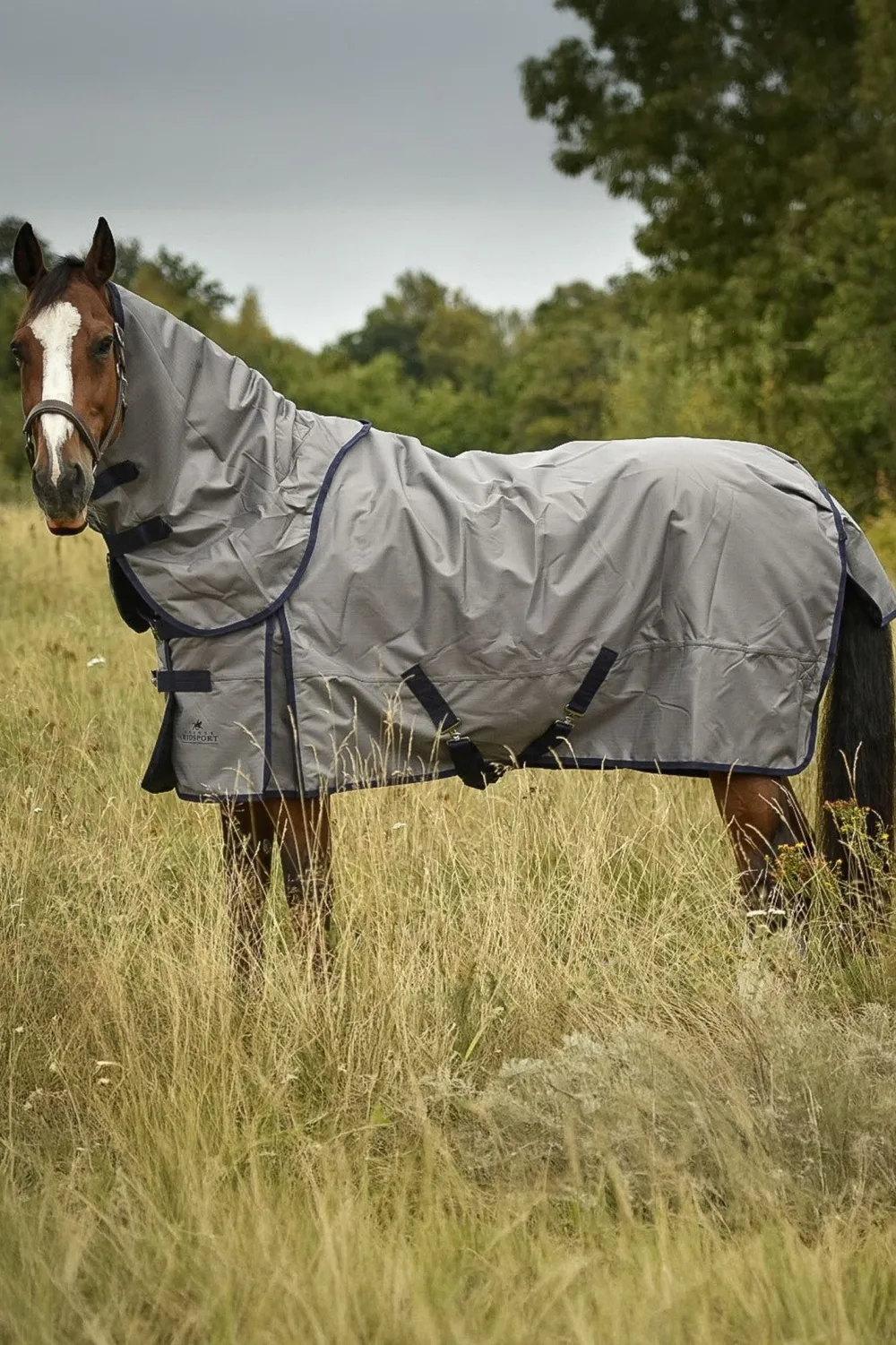 Svensk Ridsport Hästtäcken & Flughuvor-Utetäcke m hals 100g Grå/Navy