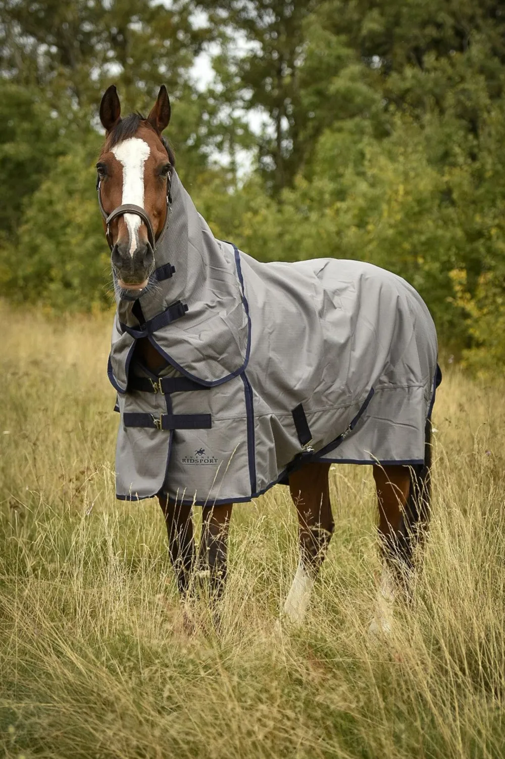 Svensk Ridsport Hästtäcken & Flughuvor-Utetäcke m hals 100g Grå/Navy